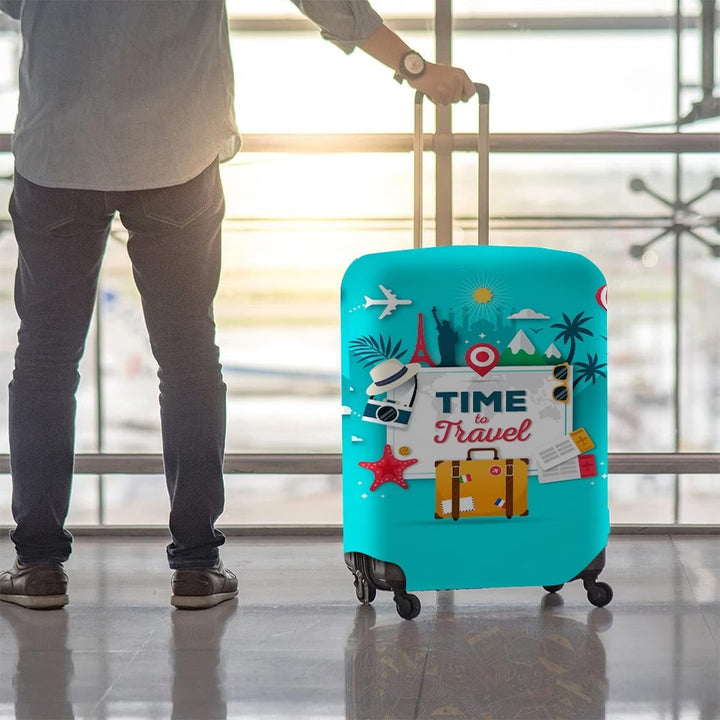 Unisex nan elastic motive suitcase protection in retro travel poster design with zipper and anti-slip attachment for spinner trolleys Bowlift