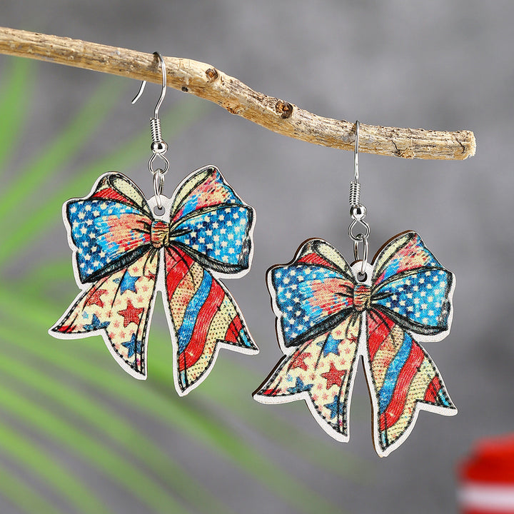 Ladies nan lightweight wooden earrings bow pendant with hook closure and vintage pattern Bowlift