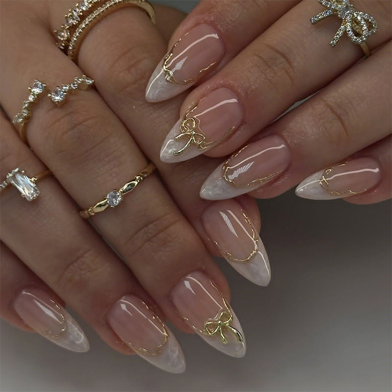 Elegant Stiletto Press-On Nail Set with Gold Accents Bowlift