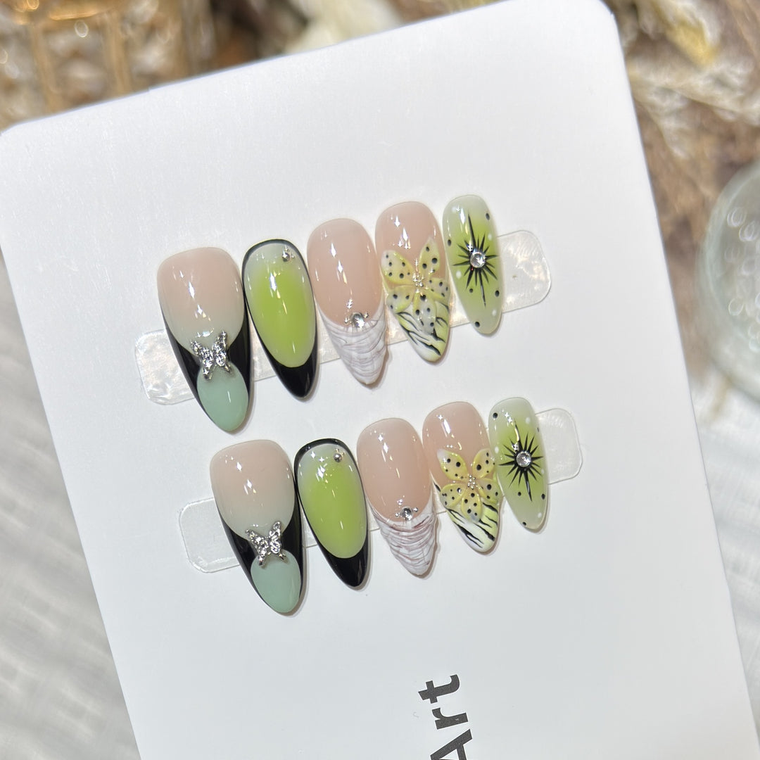 Artistic Press-On Nail Set with Butterfly and Floral Designs Bowlift