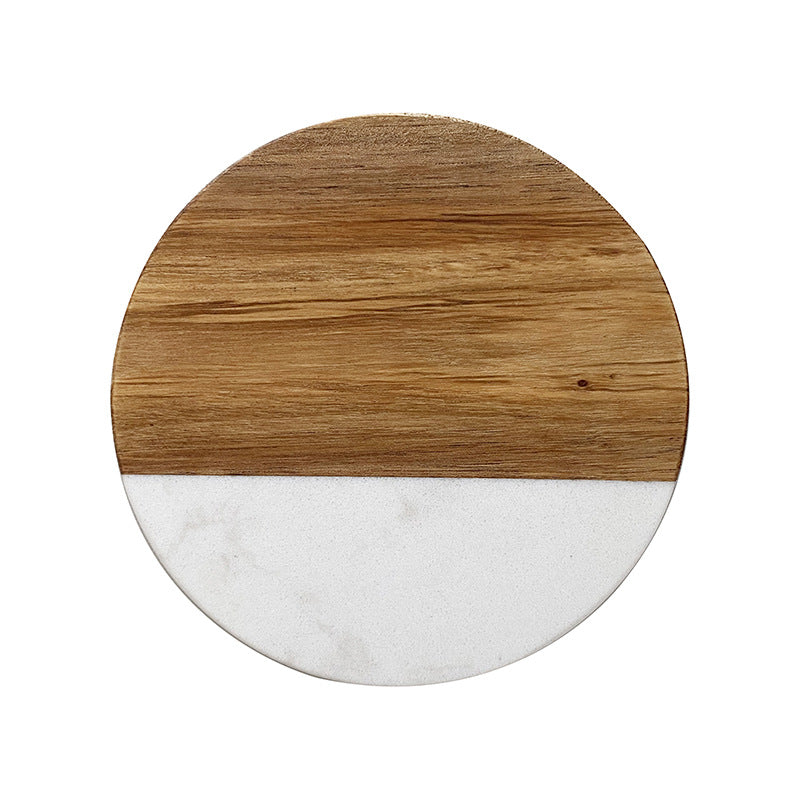 Marble pattern and acacia wood serving coaster board with rounded corners Bowlift