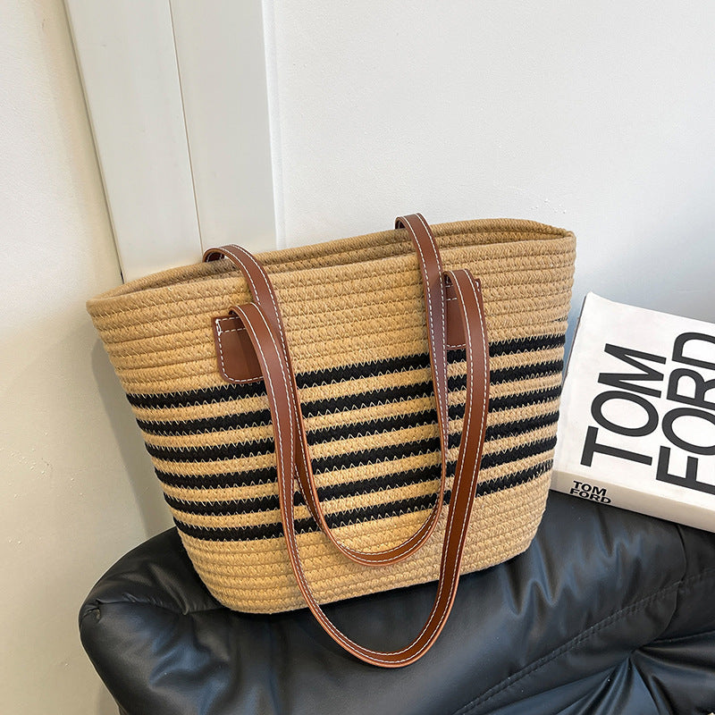 Striped Woven Beach Tote Bag Bowlift