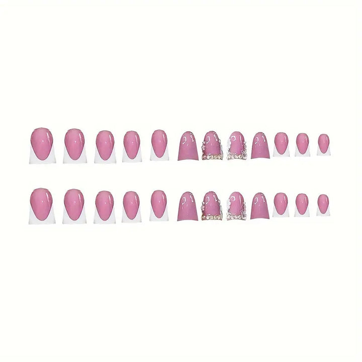 Elegant French Tip Press-On Nail Art with Rhinestone Accents Bowlift