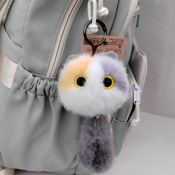 Plush Cat Pom Pom Keychain with Long Faux Fur Tail and Large Expressive Eyes Bowlift