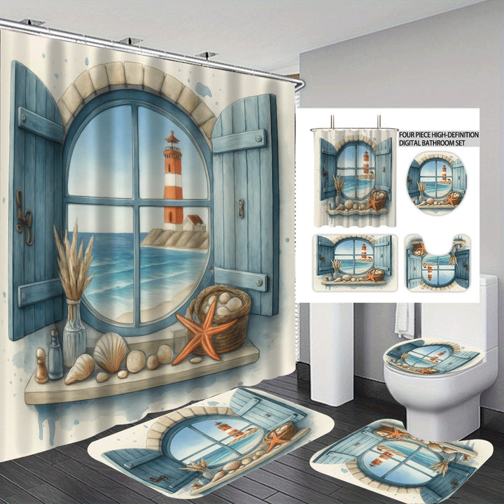 Coastal Lighthouse-Themed Four-Piece Bathroom Set Bowlift