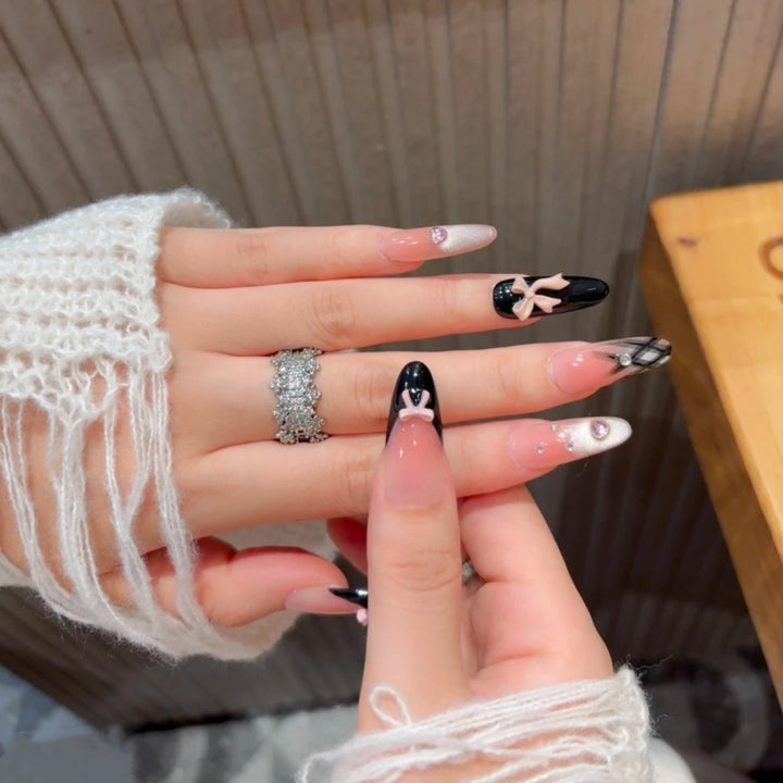 Artistic Press-On Nail Set with Creative Bow and Gemstone Accents Bowlift
