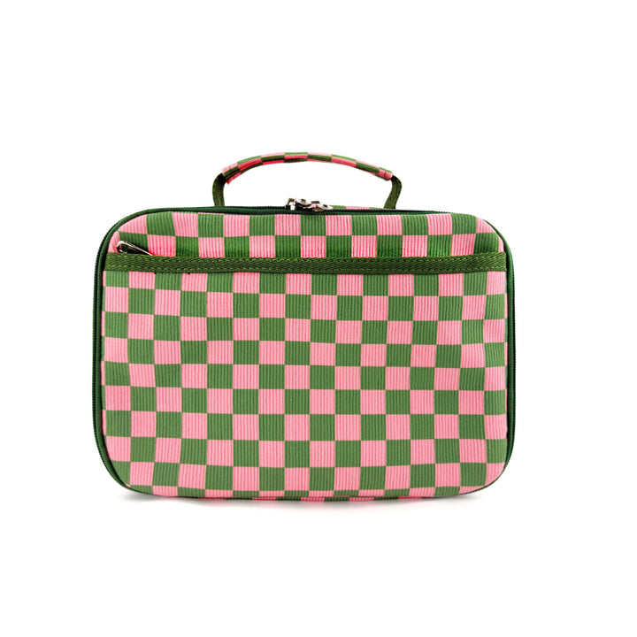 Insulated Checkerboard Lunch Tote with Top Handle and Front Zip Pocket Bowlift