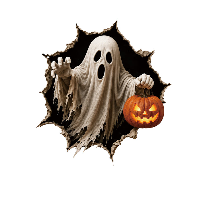 Realistic 3D wall sticker Halloween witch with breaking wall and candy