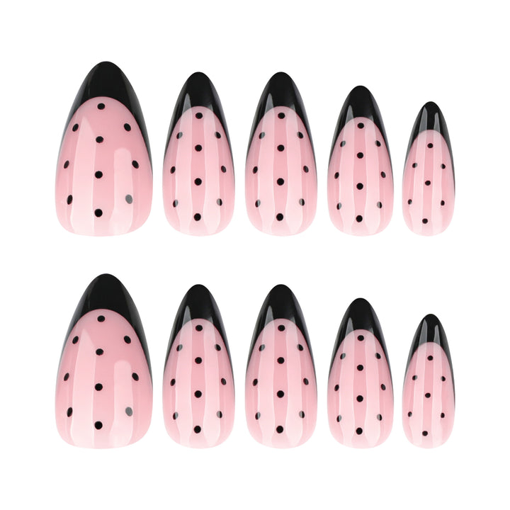 Artistic stiletto nails with black dot pattern Bowlift