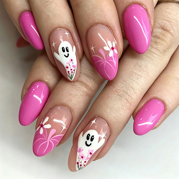 Creative nail tips with ghost design and flower motifs Bowlift