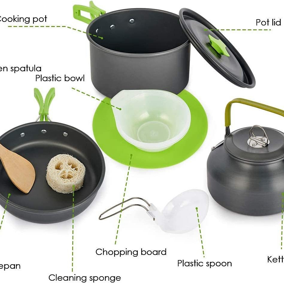 lightweight non-stick camping cookware set with folding handles kettle pot pan utensils and mesh carry bag Bowlift