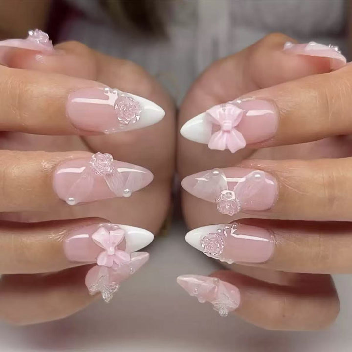 Artificial nail set with romantic 3D flower and bow decorations Bowlift