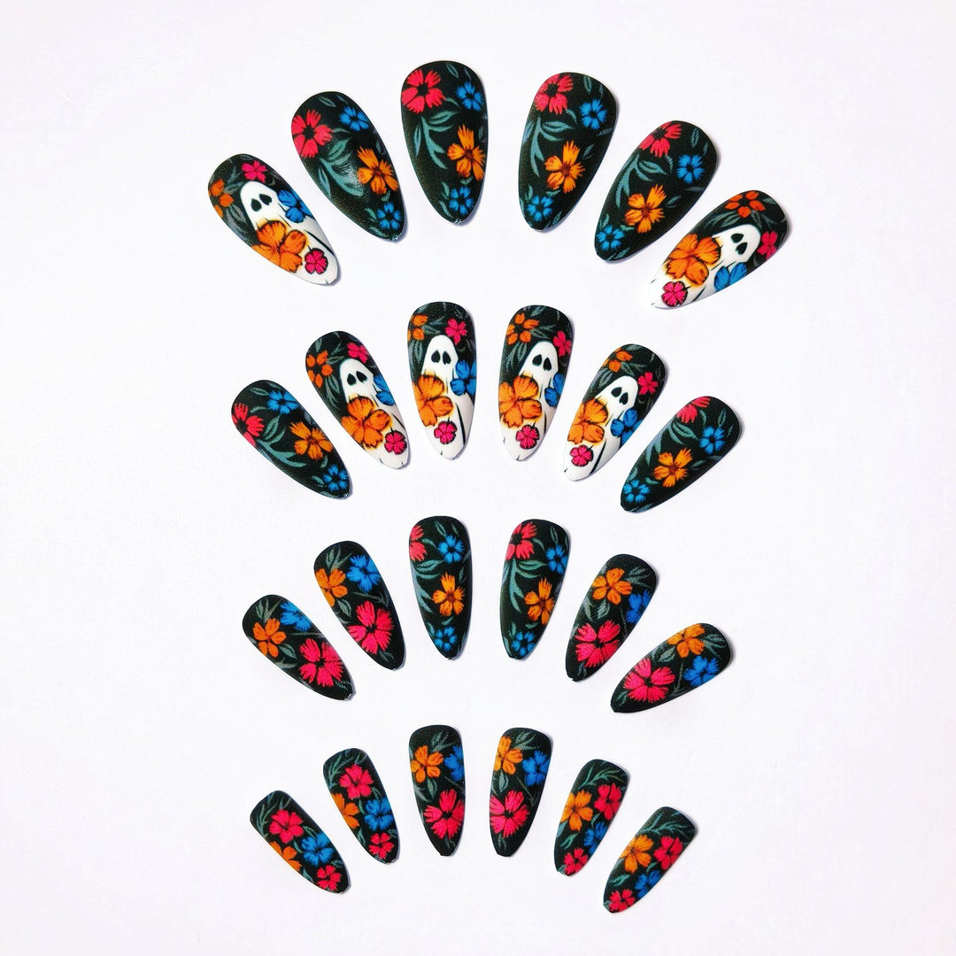 Creative Art Nails with Skull and Colorful Flower Design Bowlift