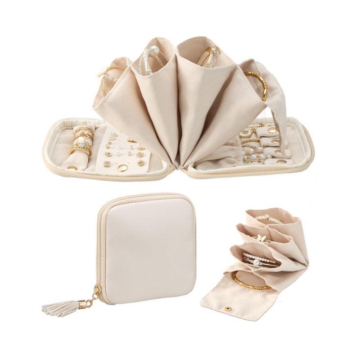Travel Foldable Jewelry Organizer Case with Ring Rolls Earring Slots Necklace Hooks Bowlift