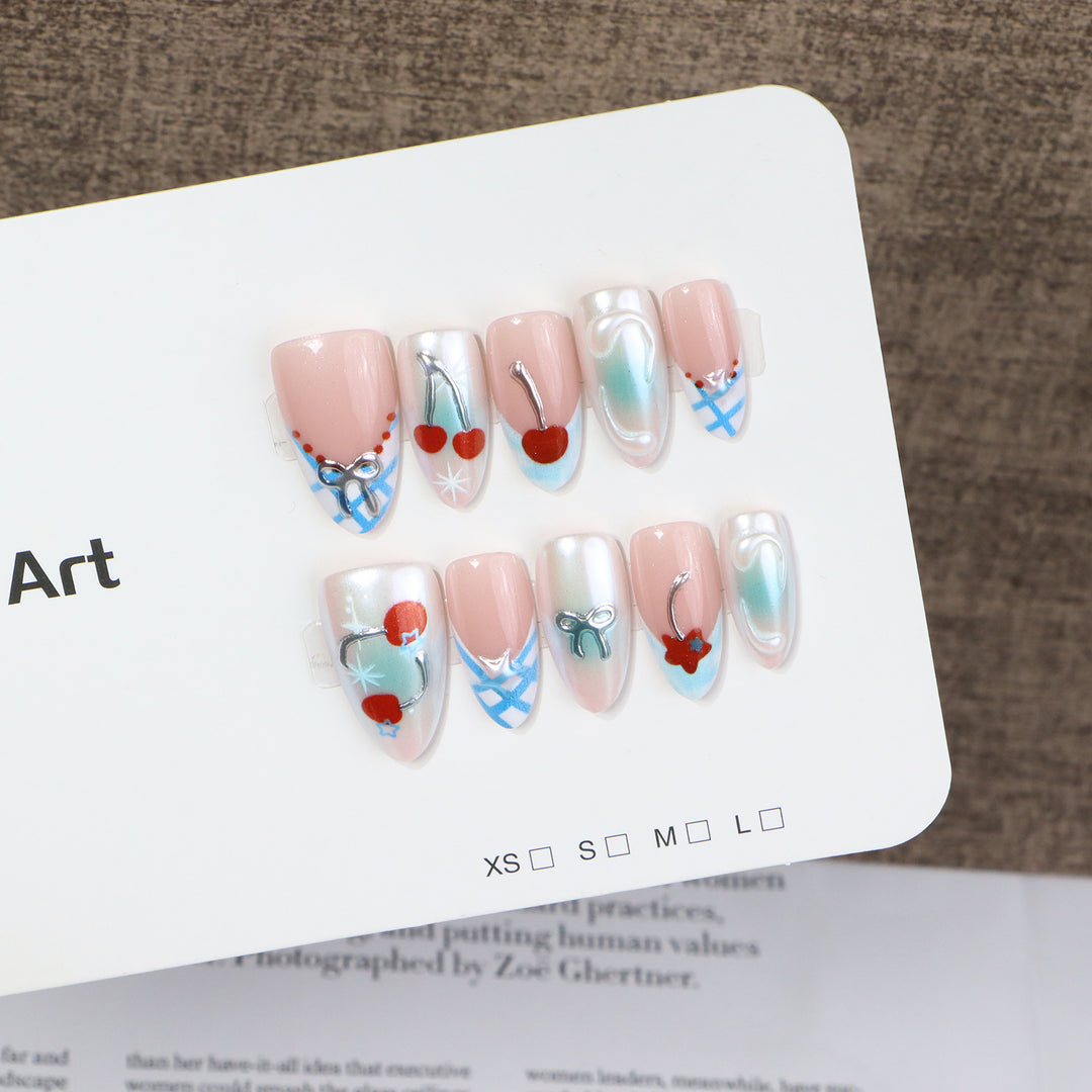 Decorative Press-On Nail Art Set with Charming Cherries and Delicate Accents Bowlift