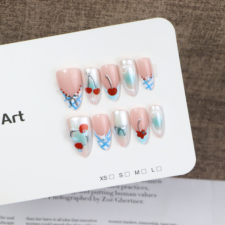 Decorative Press-On Nail Art Set with Charming Cherries and Delicate Accents Bowlift