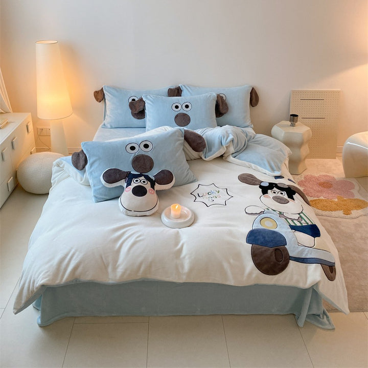 Cozy microfiber velvet bedding with three-dimensional plush dog applique and ear pillow