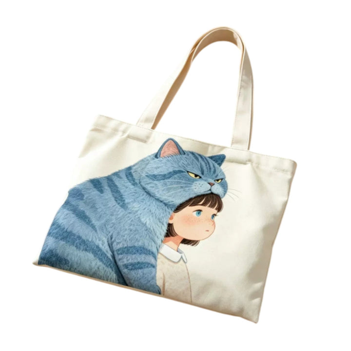 Illustrated Cat and Boy Canvas Tote Bag