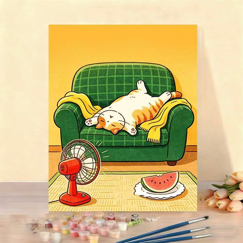 Whimsical Cat Illustration Canvas Artwork Bowlift