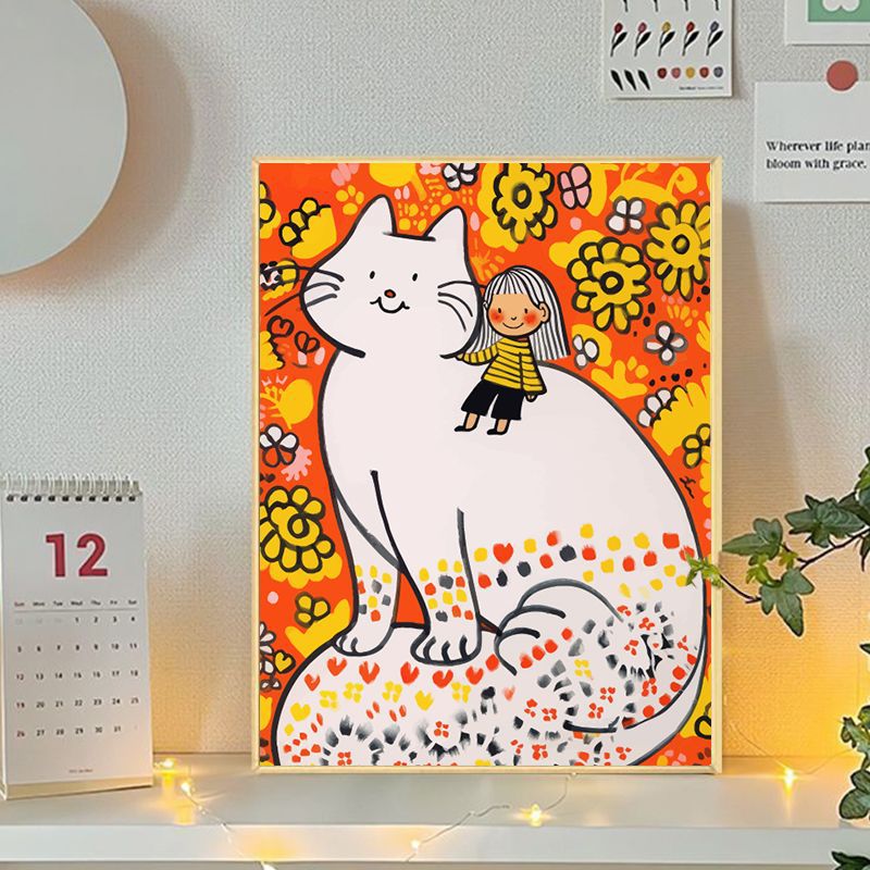 Playful Cat and Girl Illustration Canvas Art Bowlift