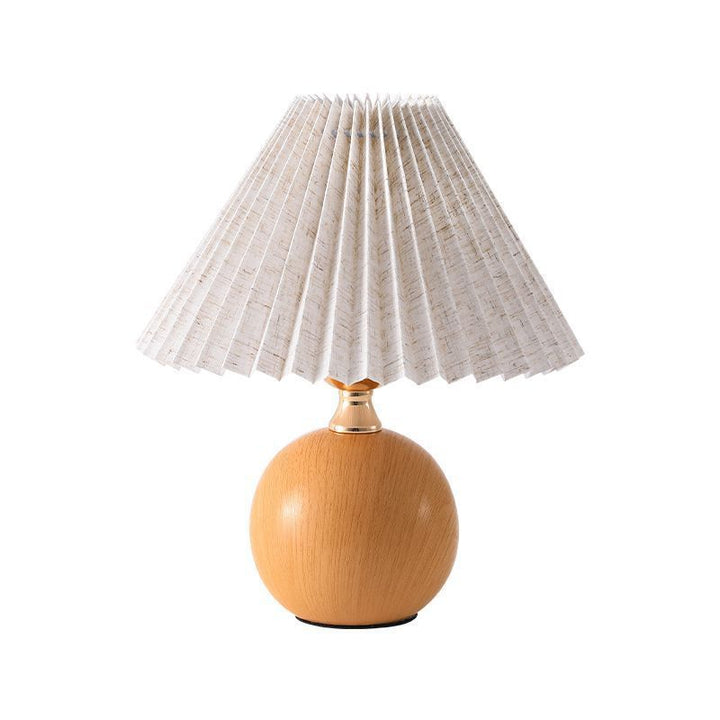 Mid-Century Round Wood Base Pleated Fabric Shade Bedside Lamp Bowlift
