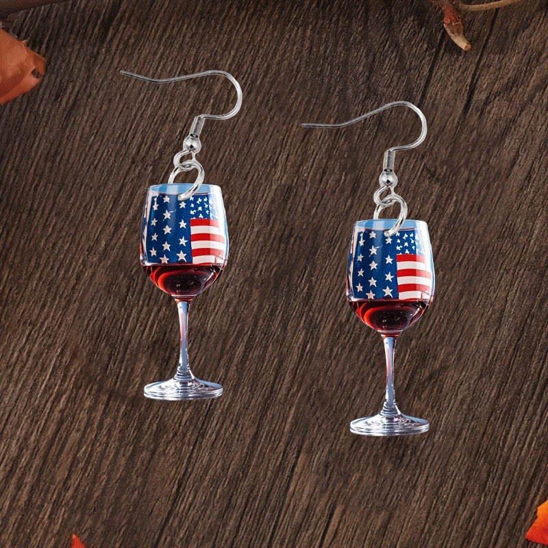 Women's nan novelty wine glass dangle earrings with patriotic American flag enamel Bowlift