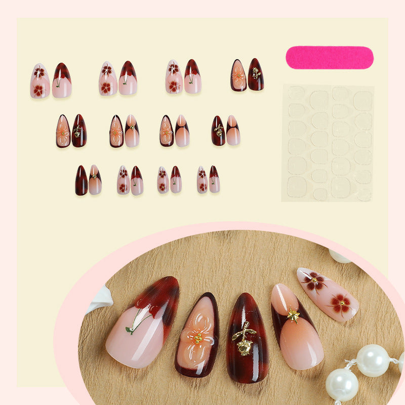 Artistic Press-On Nail Set with Elegant Floral Decor Bowlift