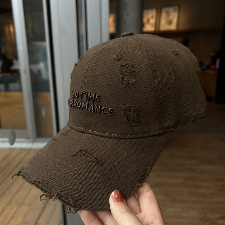 Distressed Cotton Baseball Cap with Quote Embroidery