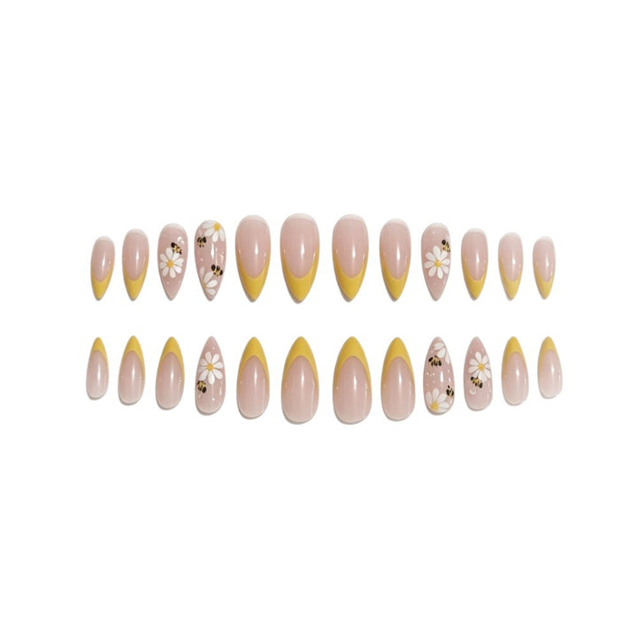 Artistic French Tip Press-On Nail Set with Floral and Bee Designs Bowlift