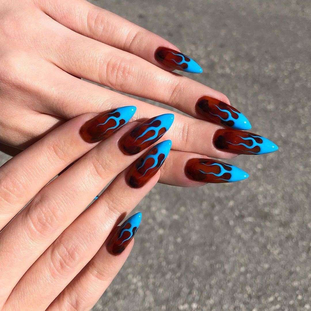 Artistic stiletto nails with extravagant flame pattern Bowlift