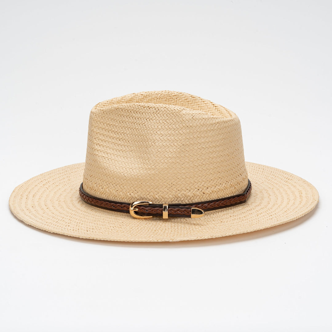 Straw Flat Brim Hat with Leather Trim | Bowlift