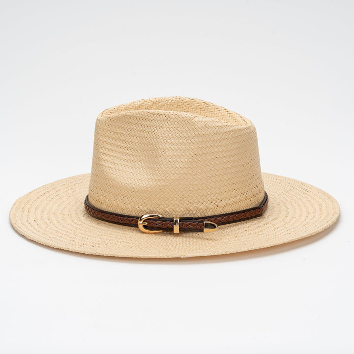 Straw Flat Brim Hat with Leather Trim | Bowlift