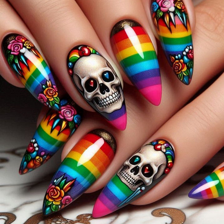 Artistic Skull-Themed Stiletto Nail Art Extensions Bowlift
