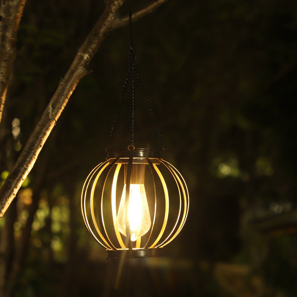 Solar Hanging Outdoor Lanterns With Vintage-Style LED Filament Bulb And Metal Cage Waterproof Suspension Bowlift