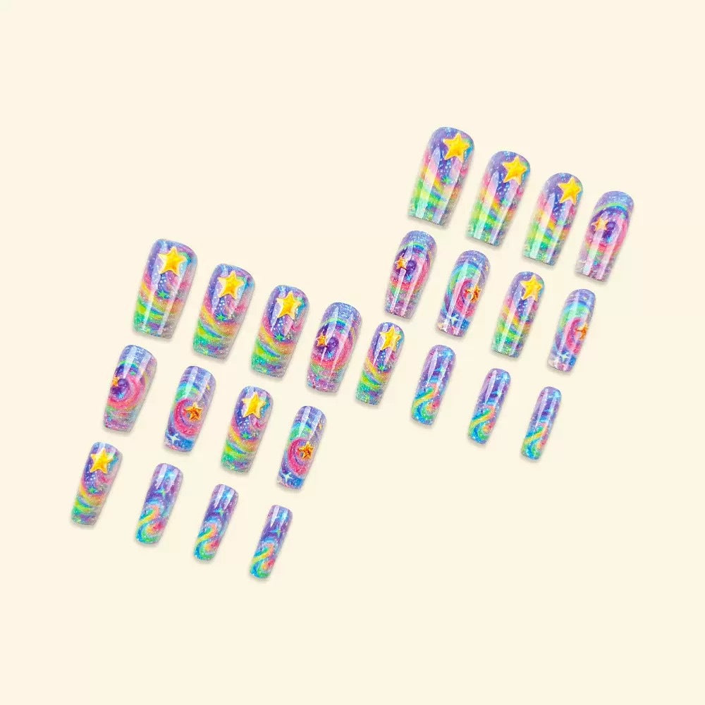 Glittering artificial nail set with colorful spiral design and star accents Bowlift
