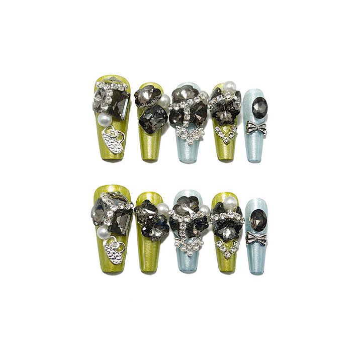 Glamorous Art Nails with Rhinestones and Pearls Bowlift