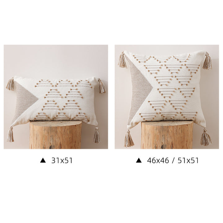 Woven decorative cushion cover with geometric tuft pattern, tassels and concealed zipper