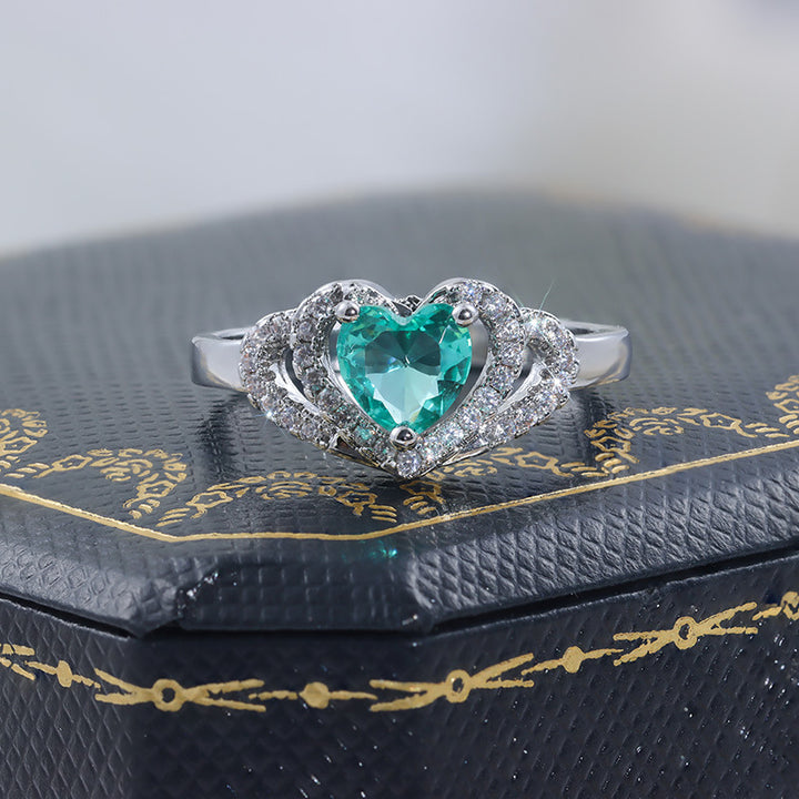 Heart Heart-Shaped Simulated Emerald Halo Engagement Ring With Pavé Cubic Zirconia