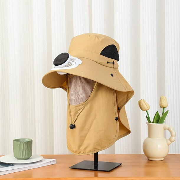 UV-Protect-Sun Hat with removable face and neck protection, integrated solar fan and breathable mesh Bowlift