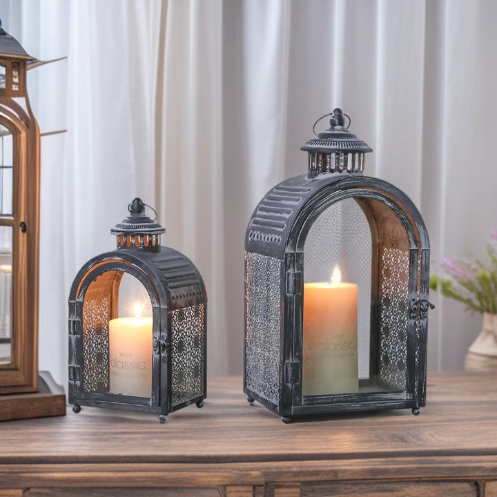 Antique-Style Arched Metal and Textured Glass Candle Lantern for Pillar Candles Bowlift