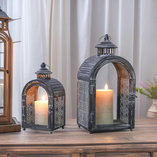 Antique-Style Arched Metal and Textured Glass Candle Lantern for Pillar Candles Bowlift