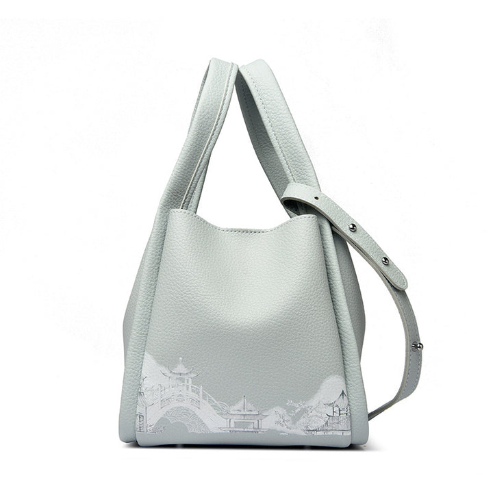 Artistic Print Leather Handbag Bowlift