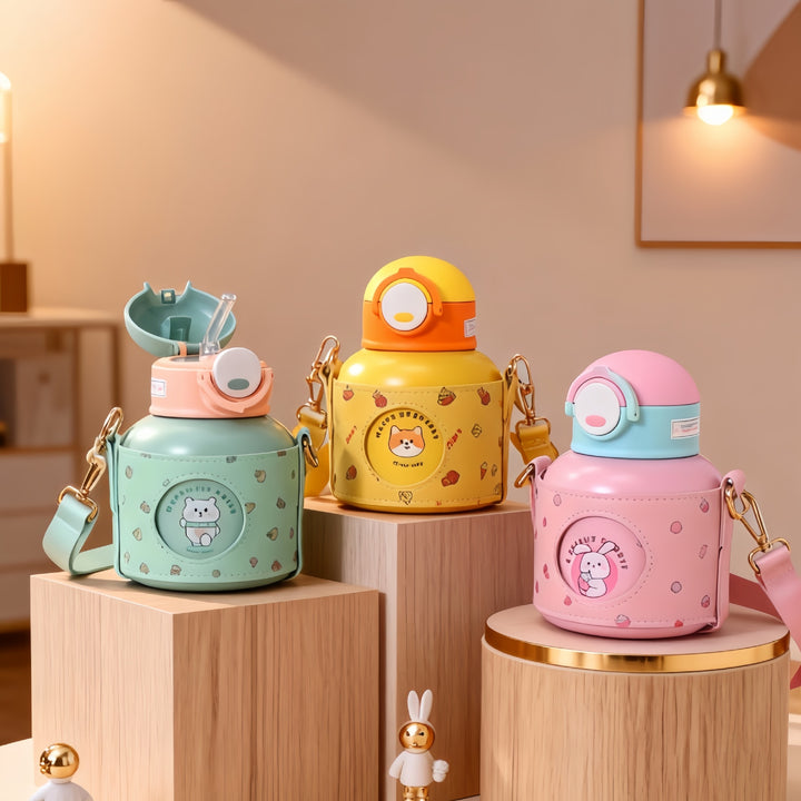Women's Insulated Drinking Bottle with Cheerful Design and Practical Carry Strap Bowlift