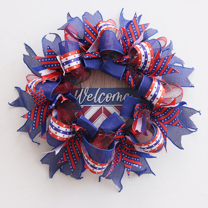 Unisex nan patriotic Americana fabric and wood door wreath with ribbon bows Bowlift