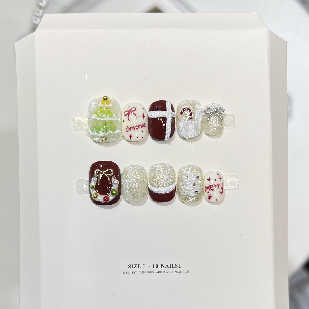 Festive Holiday-Themed Press-On Nail Art Set Bowlift