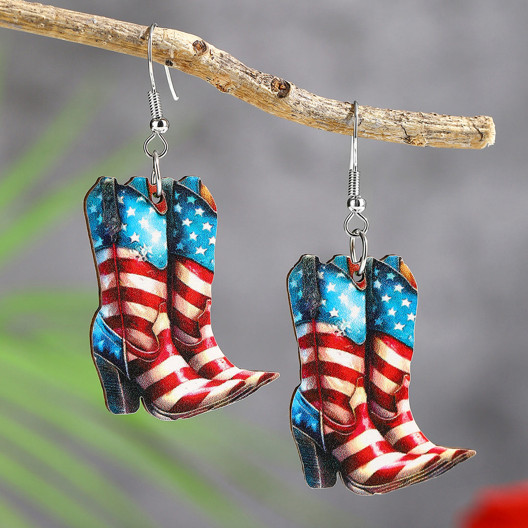 Ladies nan cowboy boots earrings with flag pattern made of lightweight wood Bowlift