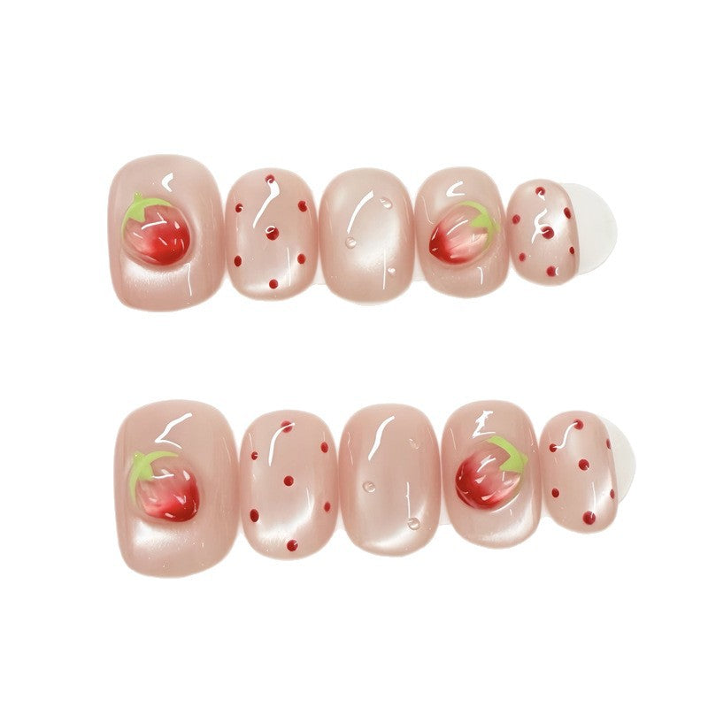 Artistic Press-On Nail Set with Strawberry Design Bowlift