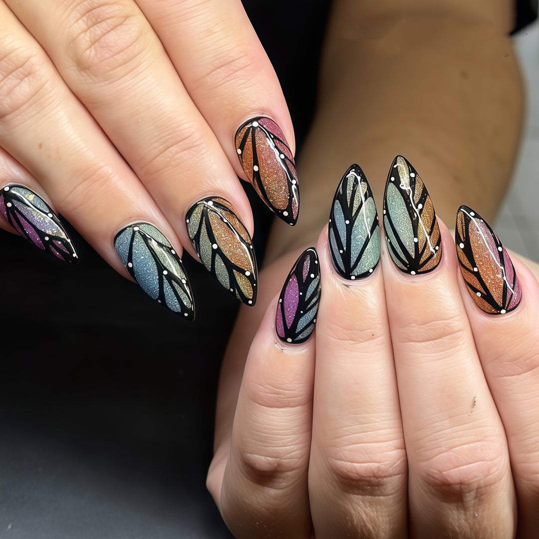 Artistic Stiletto Nail Art Set with Leaf Patterns Bowlift