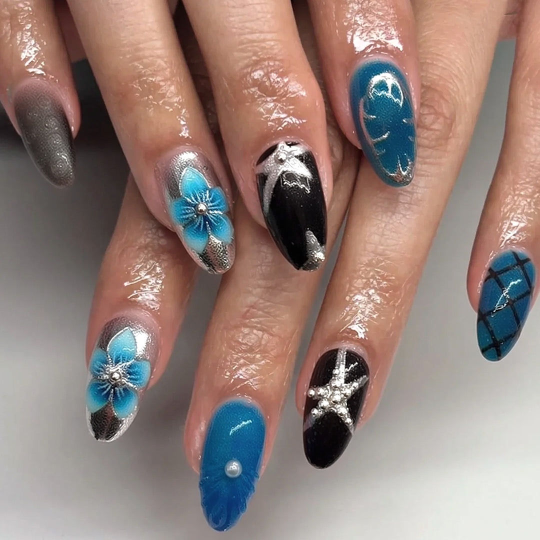 Artistic Press-On Nail Set with Floral Motifs Bowlift