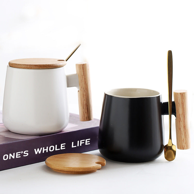 Ceramic Coffee Mug Gift Set with Bamboo Lid Ergonomic Wooden Handle and Gold Spoon Bowlift